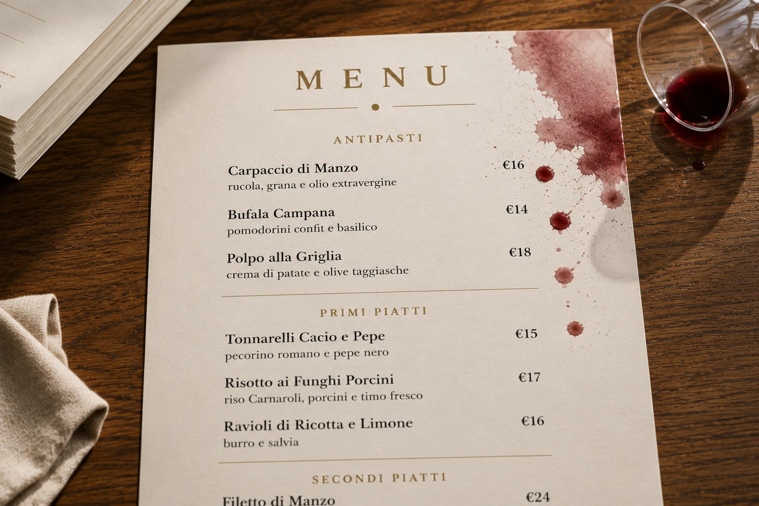 Menu cartacei rovinati da una macchia di vino rosso