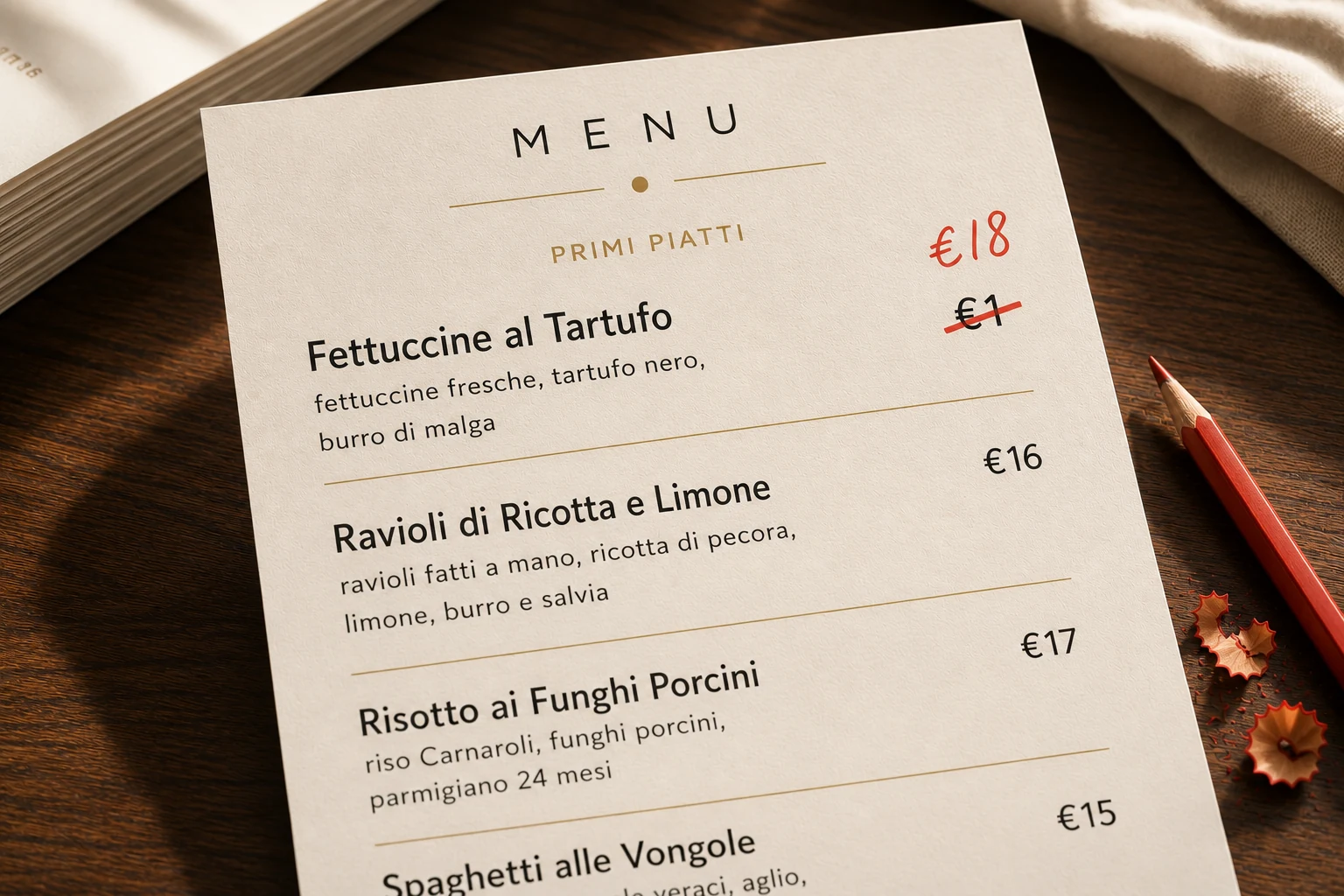 Menu cartaceo con il prezzo errato corretto da 1 a 18 euro