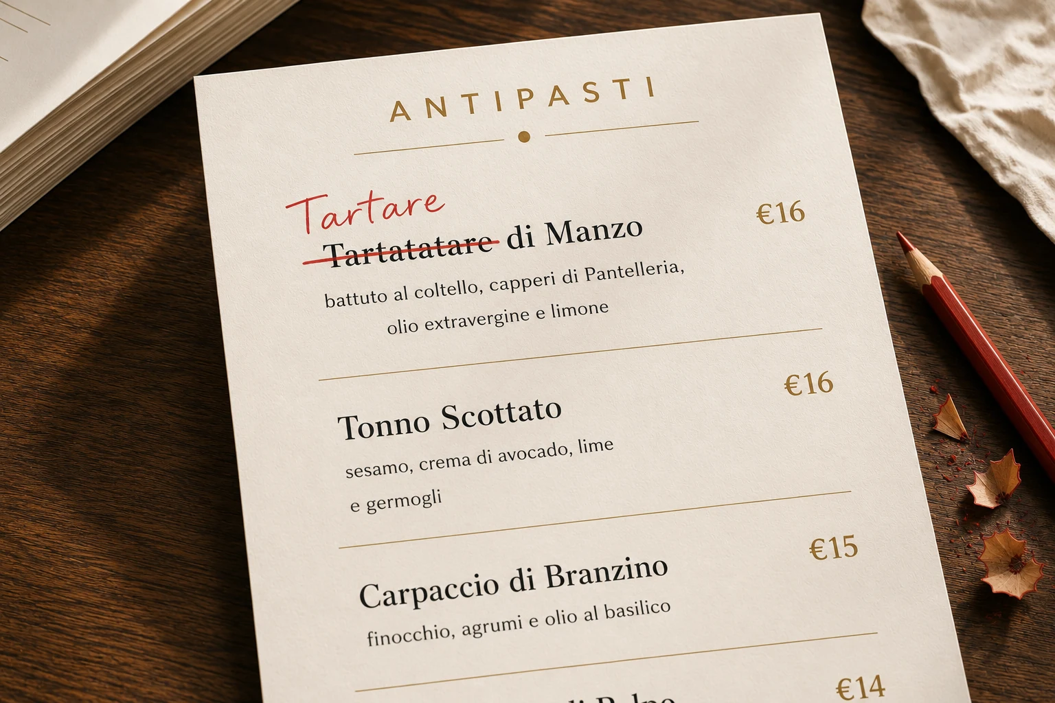 Menu cartaceo con il refuso Tartatatare corretto a matita rossa