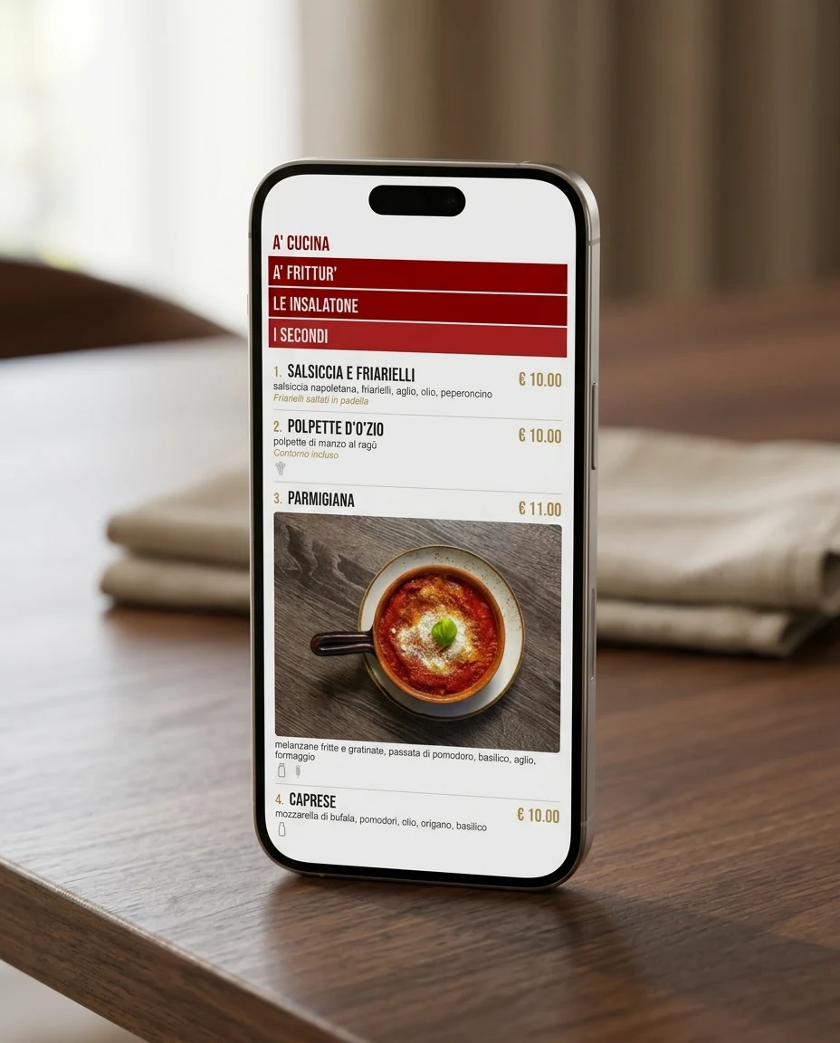 Menu digitale di un ristorante visualizzato su smartphone